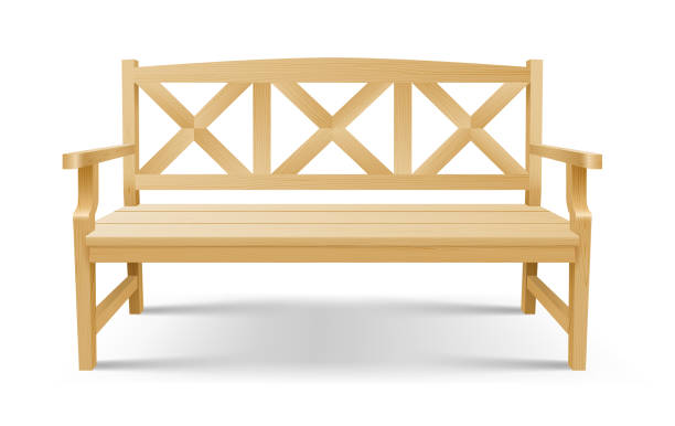istock Classical wooden bench with armrests. Outdoor relaxation element, yellow bench decoration of patio 1351889657