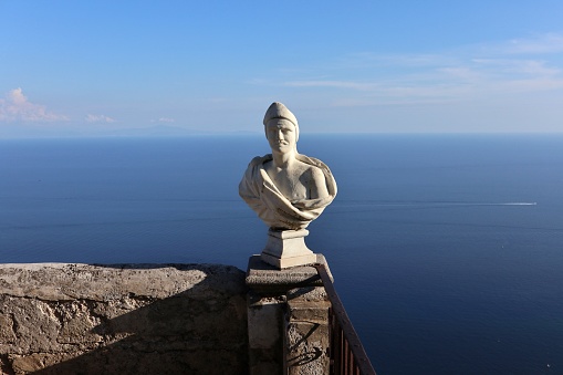 Ravello Campania, Italy - September 22, 2021: Eighteenth-century marble busts on the Infinity Terrace of Villa Cimbrone
