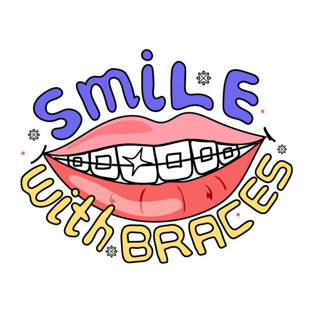 ilustrações de stock, clip art, desenhos animados e ícones de woman teeth and smile. close up, half with braces. hand drawn vector illustration. - half smile