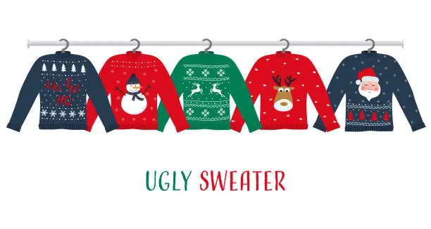 Vector illustration of Rack with Ugly Sweaters on hangers. There are red, green and blue Christmas sweaters