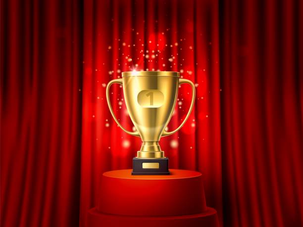 istock Golden cup with curtain. Realistic champion goblet on red pedestal. Award ceremony. Draped velvet fabric. First place trophy. Winning prizes with sparkling glitters. Vector concept 1351893770