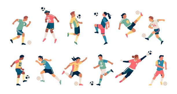 stockillustraties, clipart, cartoons en iconen met soccer players. guys and girls athletes in dynamic poses, football team players with balls, batting and training people, goalkeeper sports uniform, vector flat cartoon isolated set - voetbal