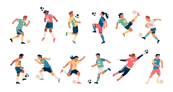 Soccer players. Guys and girls athletes in dynamic poses, football team players with balls, batting and training people, goalkeeper sports uniform, olympic sport game, vector flat cartoon isolated set