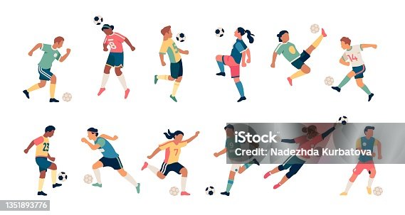 istock Soccer players. Guys and girls athletes in dynamic poses, football team players with balls, batting and training people, goalkeeper sports uniform, vector flat cartoon isolated set 1351893776