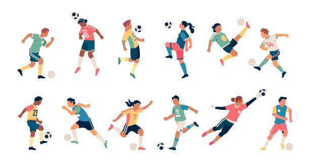 Soccer players. Guys and girls athletes in dynamic poses, football team players with balls, batting and training people, goalkeeper sports uniform, vector flat cartoon isolated set Soccer players. Guys and girls athletes in dynamic poses, football team players with balls, batting and training people, goalkeeper sports uniform, olympic sport game, vector flat cartoon isolated set sporting term stock illustrations