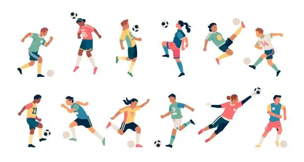 Vector illustration of Soccer players. Guys and girls athletes in dynamic poses, football team players with balls, batting and training people, goalkeeper sports uniform, vector flat cartoon isolated set
