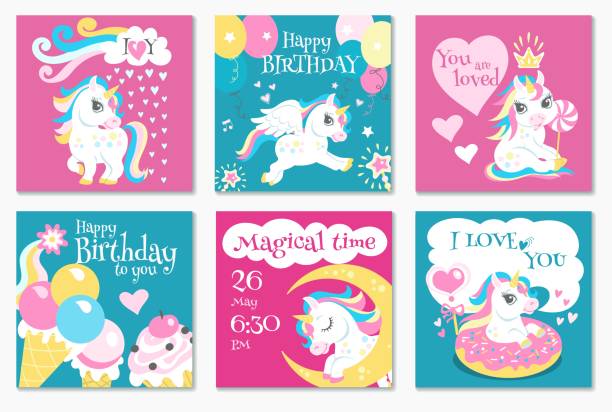 Cute unicorns. Birthday girly banners, funny animals characters, fairy tales little horses, magic holiday posters, kids party invitation cards template, vector cartoon flat illustration Cute unicorns. Birthday girly banners, funny animals characters, fairy tales little horses, magic holiday posters, kids party invitation and greeting cards template, vector cartoon flat illustration pony wings stock illustrations