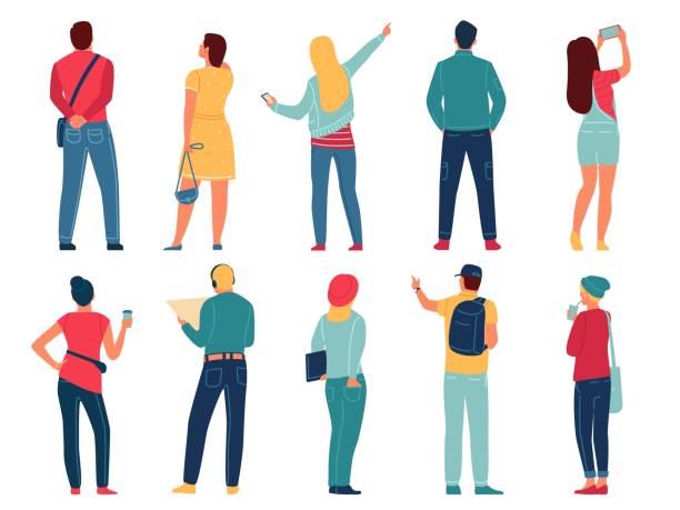 stockillustraties, clipart, cartoons en iconen met people back view. men and women stand rears turned. different posing. tourists look sights. standing contemplative characters. students in casual clothes make selfies. vector persons set - rug illustraties