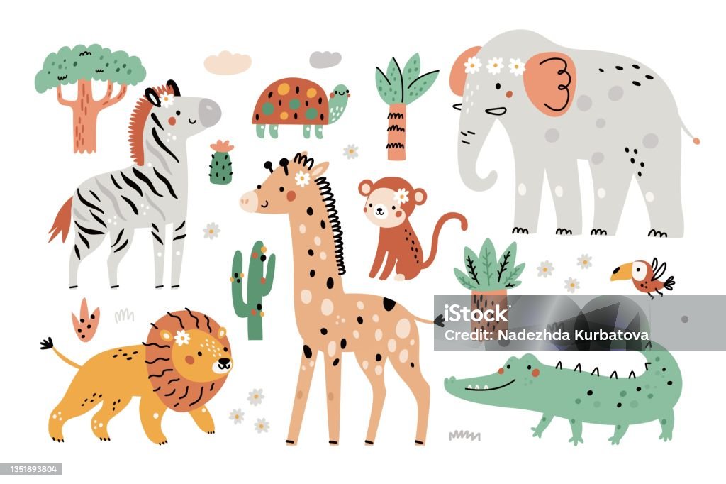Cute Baby Animals Funny Safari Fauna Elephant And Zebra Childish Style Monkey And Giraffe Nursery Decor African Savannah Creatures And Trees Vector Cartoon Wildlife Elements Set Stock Illustration - Download Image Now - Cute Baby Animals Funny Safari Fauna Elephant And Zebra Childish Style Monkey And Giraffe Nursery Decor African Savannah Creatures And Trees Vector Cartoon Wildlife Elements Set Stock Illustration - Download Image Now -