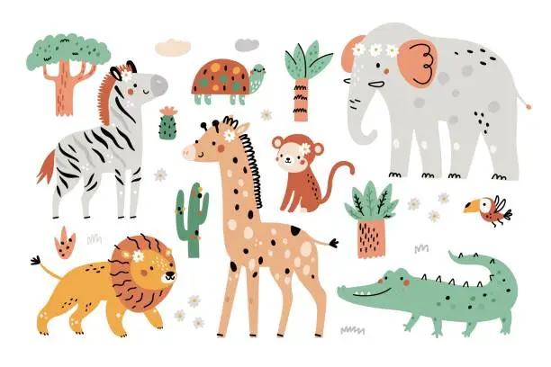 Vector illustration of Cute baby animals. Funny safari fauna. Elephant and zebra. Childish style monkey and giraffe. Nursery decor. African savannah creatures and trees. Vector cartoon wildlife elements set