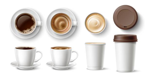 takeaway coffee cups. realistic porcelain pairs for hot different types drinks, disposable cardboard cappuccino mugs mockups, top and side view tableware, vector 3d isolated set - kahve stock illustrations