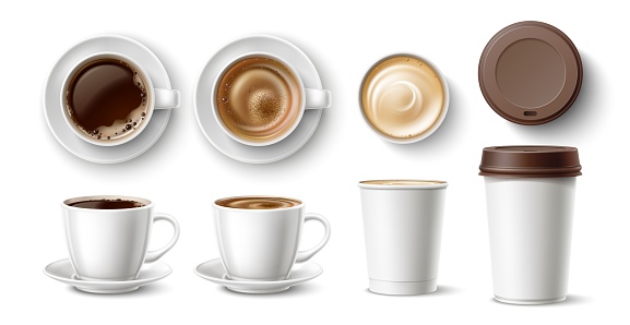 Takeaway coffee cups. Realistic porcelain pairs for hot different types drinks, disposable cardboard cappuccino mugs mockups with plastic cover, top and side view tableware, vector 3d isolated set