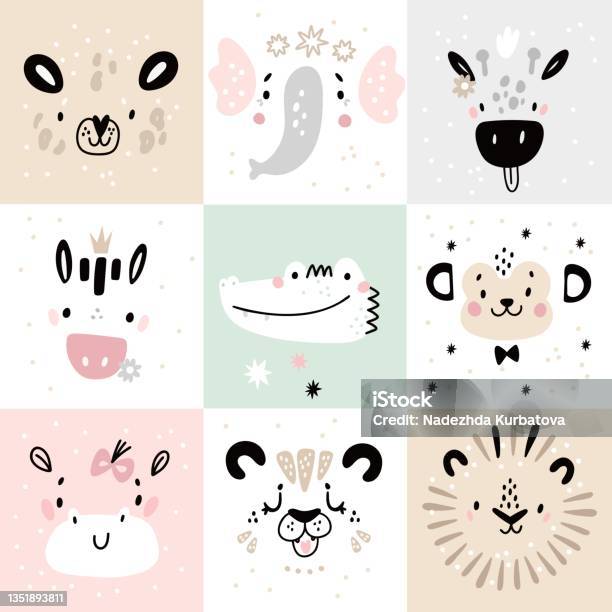 Ilustración de Carteles De Animales Lindos Divertidas Caras De Fauna De Safari Tarjetas De Dibujos Animados Ilustración de Carteles De Animales Lindos Divertidas Caras De Fauna De Safari Tarjetas De Dibujos Animados