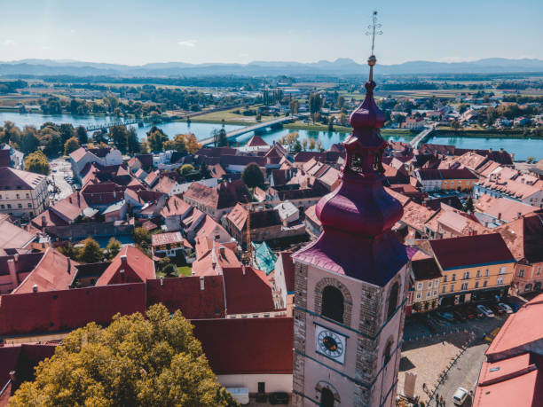 Aerial drone views of Ptuj in Slovenia stock photo