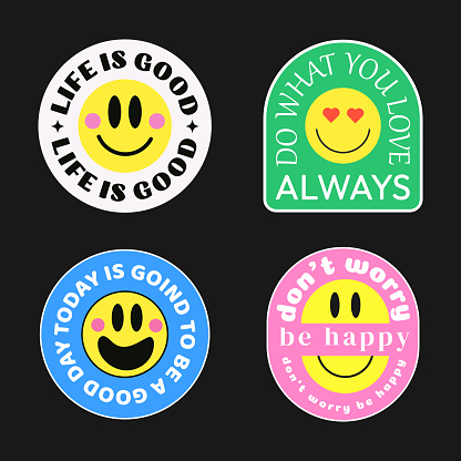 Set of Cool Cute Patches, Pins, Badges. Cute Stickers with Pharases. Life is good, today is good day and dont worry be happy Labels Collection.