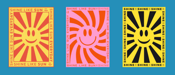Set of Cool Trendy Shine Posters. Sunshine retro placard. Set of Cool Trendy Shine Posters. Sunshine retro placard. hip stock illustrations