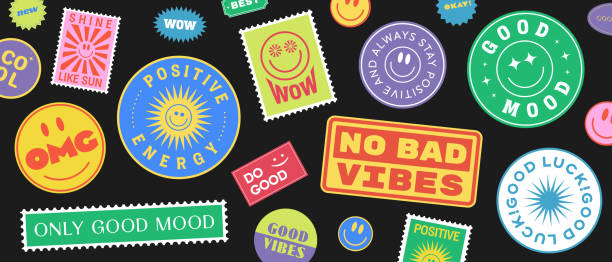 Cool Trendy Patches Vector Design. Abstract background with stickers. Good Vibes, Positive Energy and Good Luck Badges. Cool Trendy Patches Vector Design. Abstract background with stickers. Good Vibes, Positive Energy and Good Luck Badges. 1990s style stock illustrations