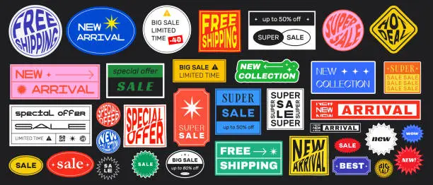 Vector illustration of Set of Sale Stickers Retro Design. Cool Trendy Discount labels. Vector Special Offer Badges.