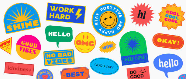 bildbanksillustrationer, clip art samt tecknat material och ikoner med cool trendy patches vector design. abstract background with stickers. good vibes, work hard, shine and stay positive badges. - cool attitude