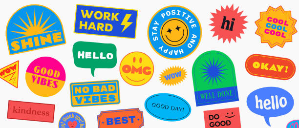 cool trendy patches vector design. abstract background with stickers. good vibes, work hard, shine and stay positive badges. - huşu illüstrasyonlar stock illustrations