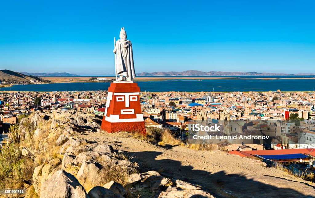 Manco Capac Monument in Puno, Peru Manco Capac Monument in Puno with views of Lake Titicaca in Peru Peru Stock Photo