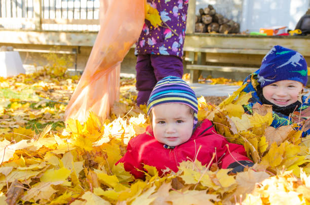 Mixed race kids playing in autumn leaves during day