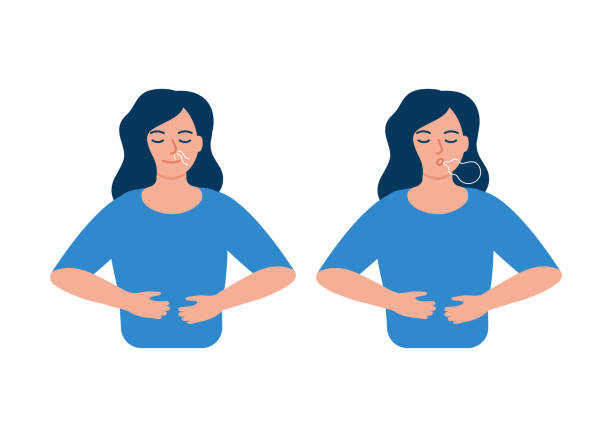 ilustrações de stock, clip art, desenhos animados e ícones de girl is doing breathing exercise, deep exhale and inhale. breathing exercise. healthy yoga and relaxation. vector illustration - respiratory system