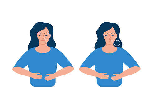 Girl is doing breathing exercise, deep exhale and inhale. Breathing exercise. Healthy yoga and relaxation. Vector