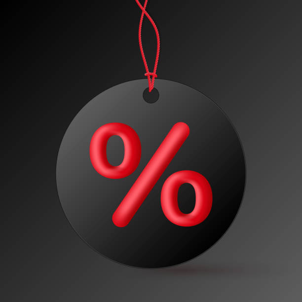 istock Black label with 3d modern red Percent icon isolated on black. 3D rendered digital symbol. Modern icon for website, internet marketing, presentation, logo design template element. illustration 1351902951