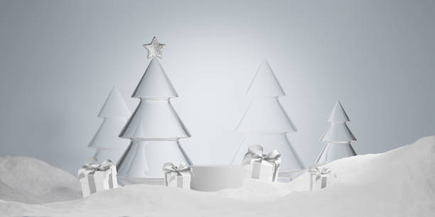 istock 3D Christmas background, podium display with gift boxes and snow. White and silver present. Branding and product presentation. Minimal pastel blue pedestal showcase. Abstract, winter 3D render 1351903052