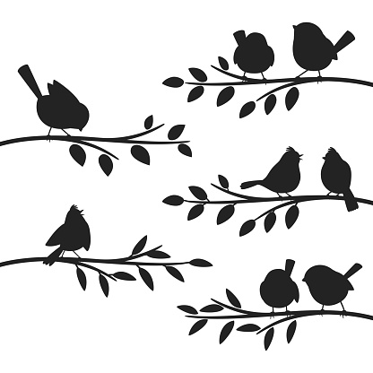 Birds branches silhouettes. Bird set on leaves branch silhouette ornament, starling jay sparrow titmouse sitting on branched tree communicating concept vector illustration on white