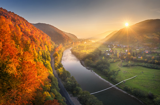 Beautiful sunset in mountains in autumn. Aerial view of forest with red trees on mountain, river, road, bridge, green meadow, village in fall in Ukraine. Colorful rural landscape. Top view. Nature