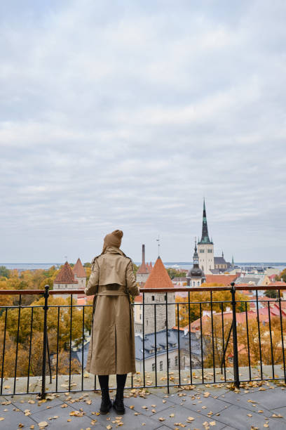 Blonde woman enjoy panorama of the city of Tallinn. Amazing scenic view of the old town. Girl explore Estonia, Europe. City and sea. City autumn landscape, old historical architecture stock photo
