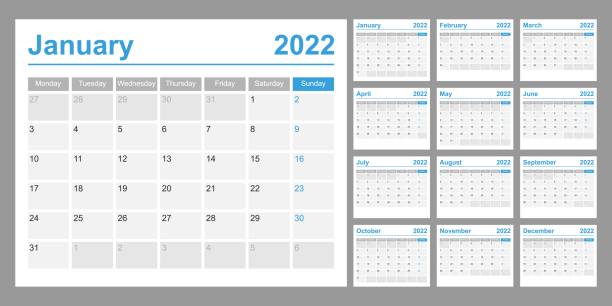Calendar for 2022. Week starts on Monday. Simple vector template. Business design planner. Calendar for 2022. Week starts on Monday. Simple vector template. Business design planner. 2022 stock illustrations