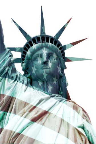 Digital portrait of the Statue of Liberty wearing the United States Flag.