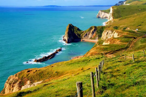 Dorset coast view towards Durdle Door Jurassic coastline England UK