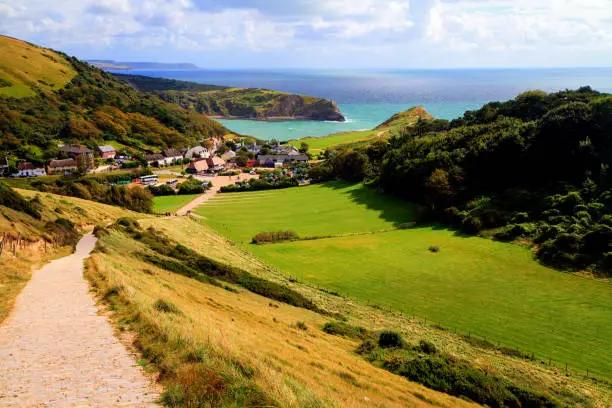 Lulworth Cove Dorset from the South West coast path which leads to Durdle Door after a walk of about one mile