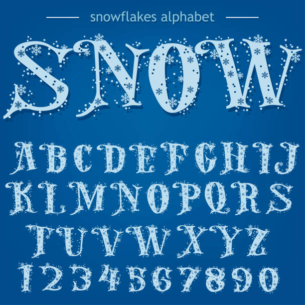 ilustraciones, imágenes clip art, dibujos animados e iconos de stock de copos de nieve alfabeto, fuente de navidad, letras y números sobre fondo azul. vector - thick snow