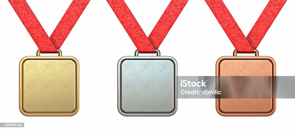 Golden, silver and bronze square medal collection 3D Golden, silver and bronze square medal collection 3D rendering illustration isolated on white background Medal Stock Photo