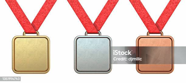 Golden Silver And Bronze Square Medal Collection 3d Stock Photo - Download Image Now