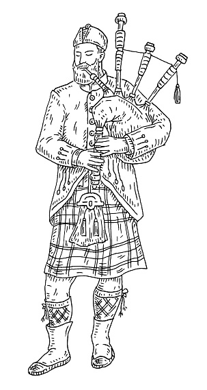 Scottish man dressed in kilt playing traditional bagpipes. Vintage vector black engraving illustration. Isolated on white background. Hand drawn design ink