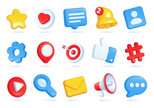 3d social media icons, online communication, digital marketing symbols. Like button, speech bubble, notification bell, hashtag icon vector set. Elements for networking sites, applications