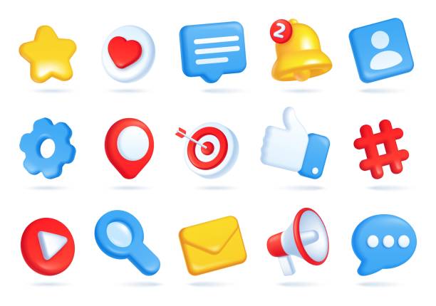 3d social media icons, online communication, digital marketing symbols. Like button, speech bubble, notification bell, hashtag icon vector set vector art illustration