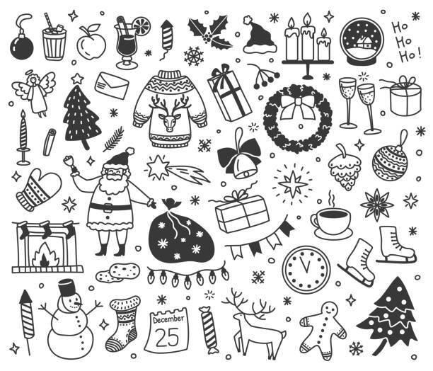 istock Christmas doodles, hand drawn xmas sketch drawings. Cute new year winter decorations, presents, santa, snowman doodle elements vector set 1351926507