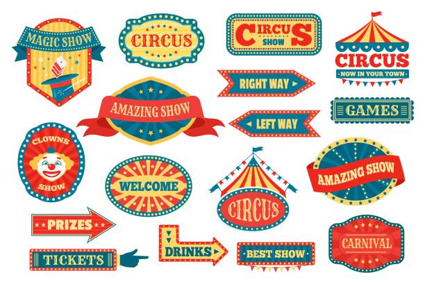 ilustrações de stock, clip art, desenhos animados e ícones de circus labels and signs, retro fun fair carnival signboards. vintage amusement park pointers, festival fairground event emblems vector set - entrance sign