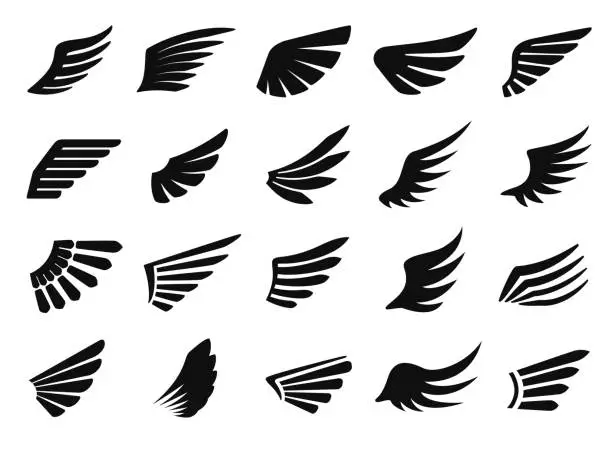 Vector illustration of Wing icon, bird wings logo, flying eagle emblem. Black minimal birds feathers badge, heraldic hawk or phoenix wing silhouette icons vector set