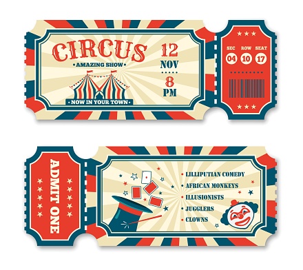 Vintage circus ticket template, old carnival entry tickets. Retro magic show invitation, fairground or amusement park entrance coupon vector set