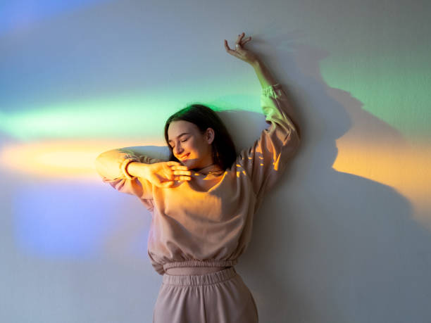neon light woman positive lifestyle joy rainbow