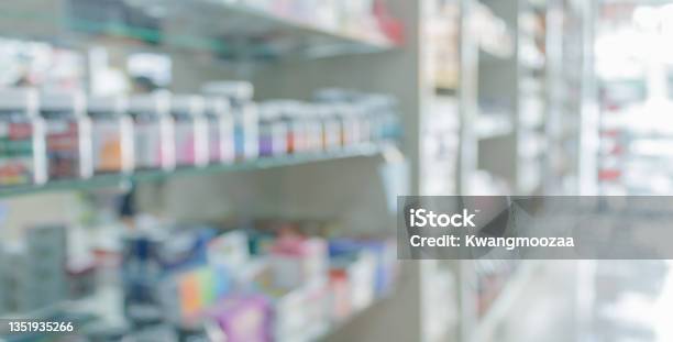 Pharmacy Drugstore Shelves Interior Blurred Abstract Background Stock Photo - Download Image Now