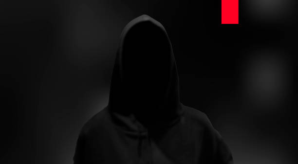 Silhouette of a hacker on black background, hacking of a computer system, theft of data concept Silhouette of a hacker on a background with binary code and lights, hacking of a computer system, theft of data hood stock illustrations